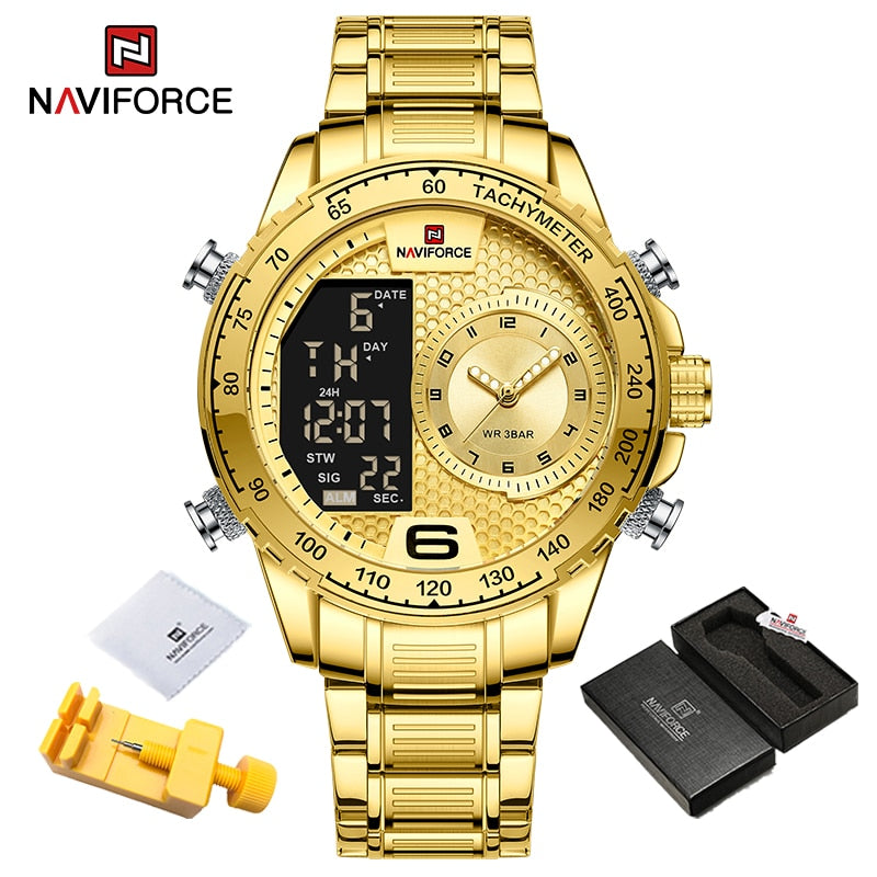 NAVIFORCE Luxury Brand New Watch for Men Stainless Steel Dual Display Quartz Wrist Watches Waterproof Military Sports Male Clock