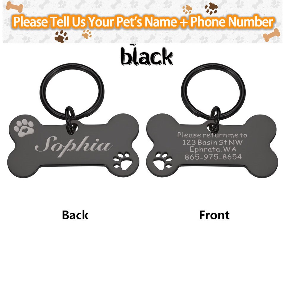 Personalized Dog ID Tag Mirror Name Plate Anti-Lost Pet Collar Pendant Free Engraving Customized Cat Kitten ID Tag Wholesale Black, 40X21MM