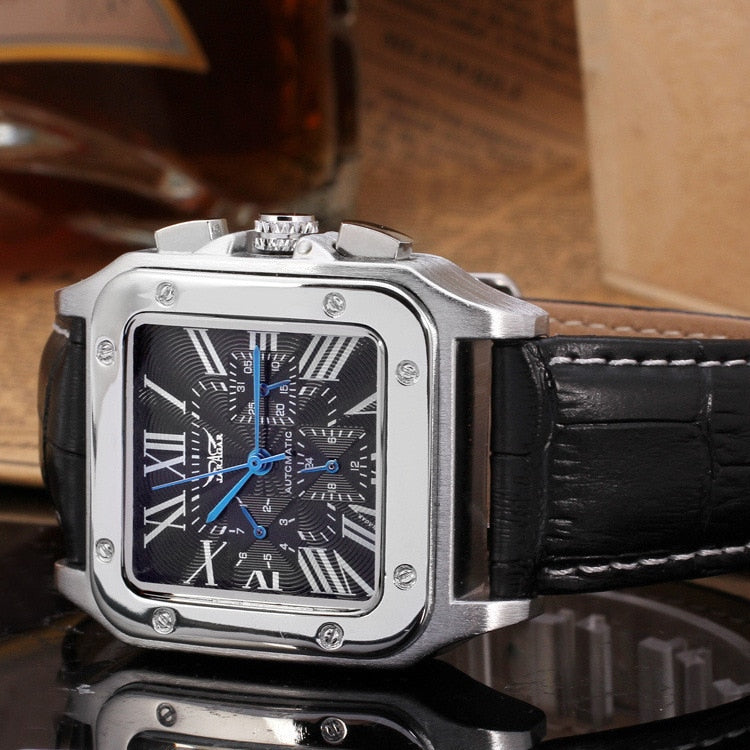 Classic Mechanical Watch Top Brand Men Roman Numerals Skeleton Watches Male Square Rectangular Clock Hombre Relogio Masculino