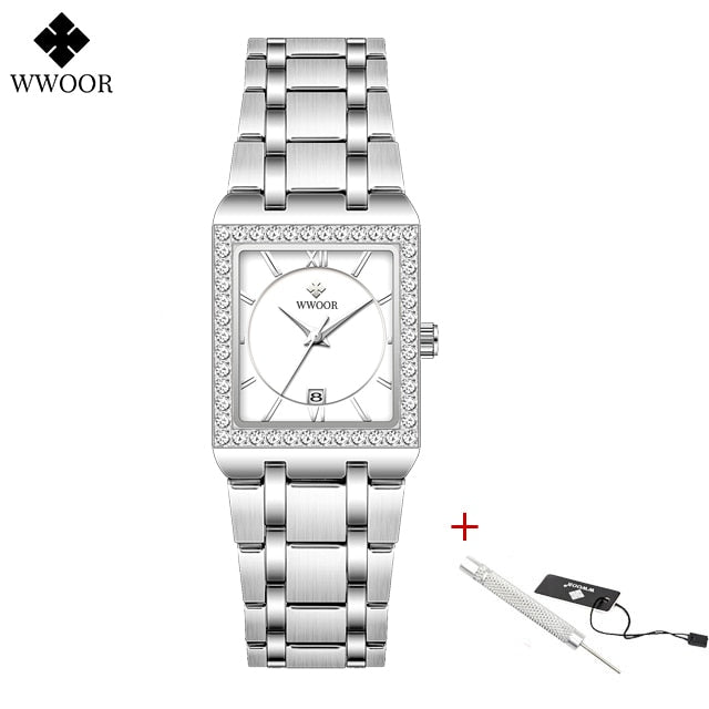 New Fashion Ladies Diamond Watch Top Brand Luxury Square Wrist Watch Simple Women Dress Small Watch Relogio Feminino Silver white