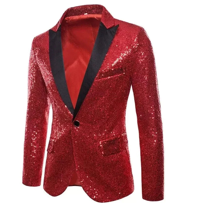 New Formal Men Shiny Blazer Sequins Party Button Dance Bling Wedding Gentleman Red, Asian M(US XS), CHINA