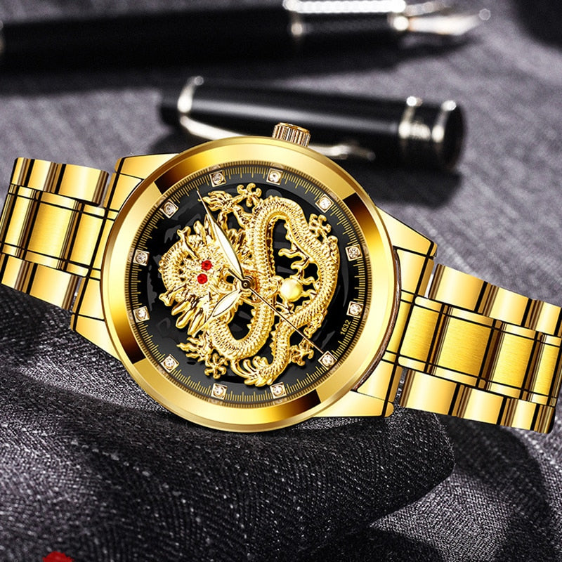 Luxury Embossed Gold Dragon Watch Men Full Steel Waterproof Watch Men Diamond Ruby Fashion Casual Japan Quartz Clock