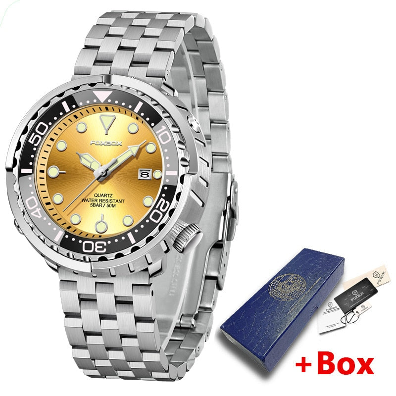 New Men Watches 5ATM Sports Waterproof Quartz Wristwatch Luminous Clock with Steel Bezel Watch for Men Relogio Masculino+Box Orange-05L