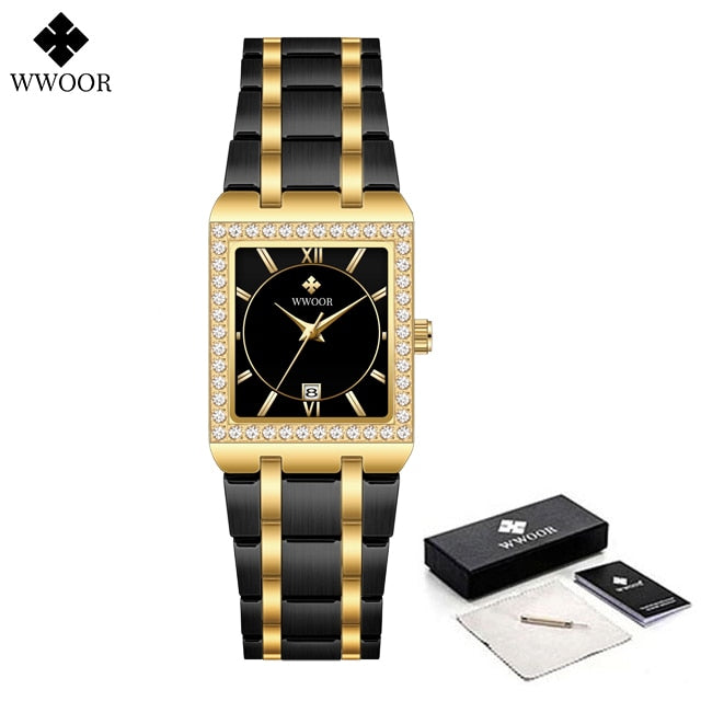 New Fashion Ladies Diamond Watch Top Brand Luxury Square Wrist Watch Simple Women Dress Small Watch Relogio Feminino Gold black gold 1