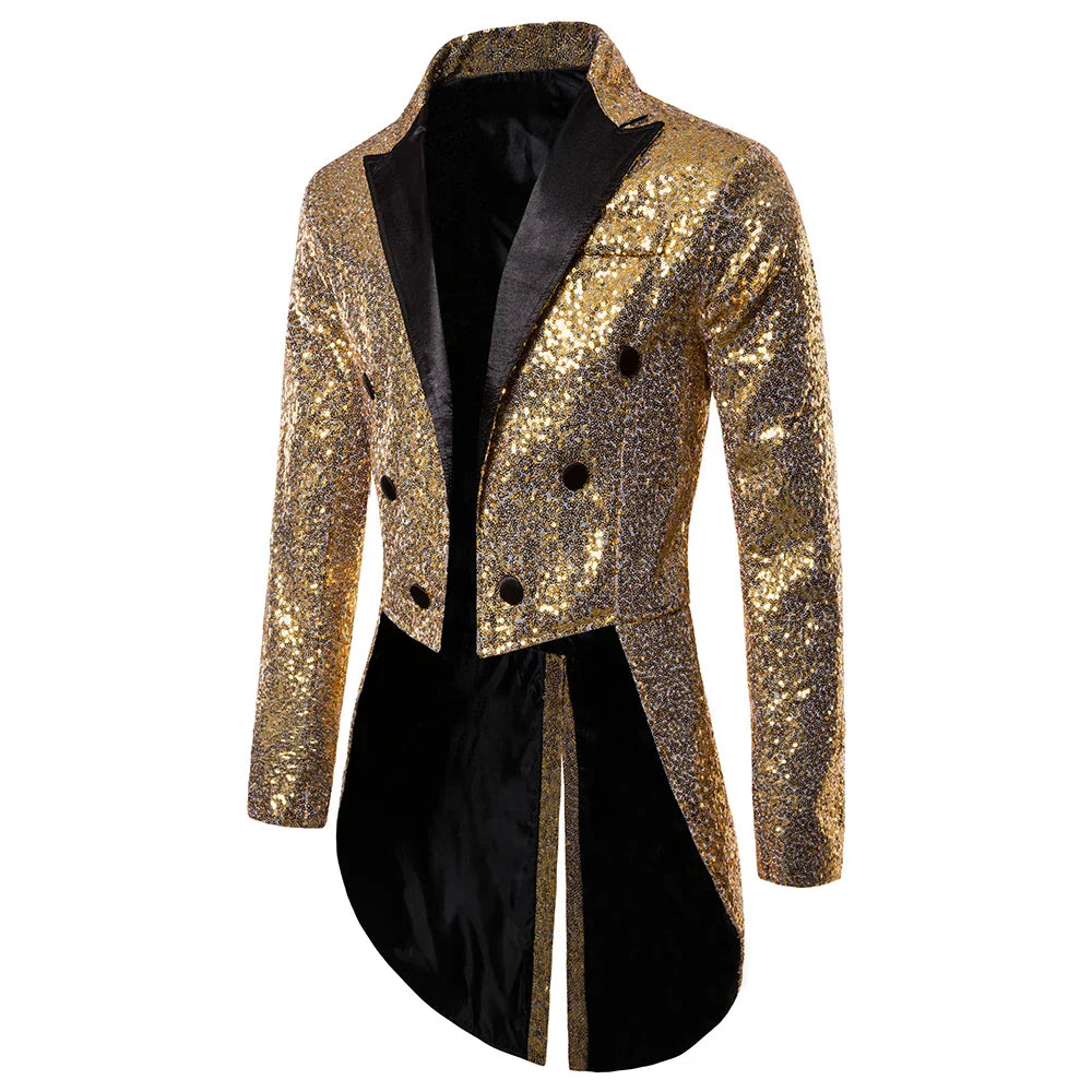 New Men Round Sequin Button Tuxedo Stage Show Wedding Host Dance Festival Blazer gold, XL