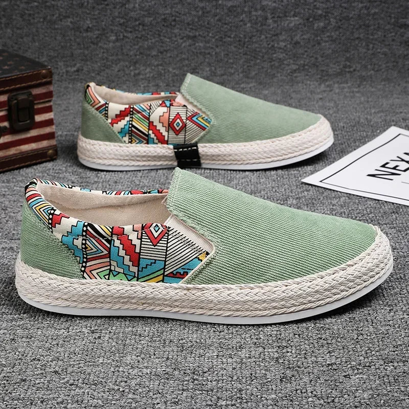 New Classic White Men's Fisherman Loafers Fashion Print Canvas Shoes Man Flats Espadrilles Breathable Male Summer Footwear