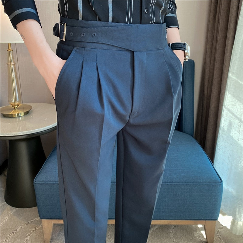 New Men British Style Autumn New Solid High Waist Trousers Men Formal Pants High Quality Slim Fit Business Casual Suit Pants Hommes A20 Navy blue, 30, China