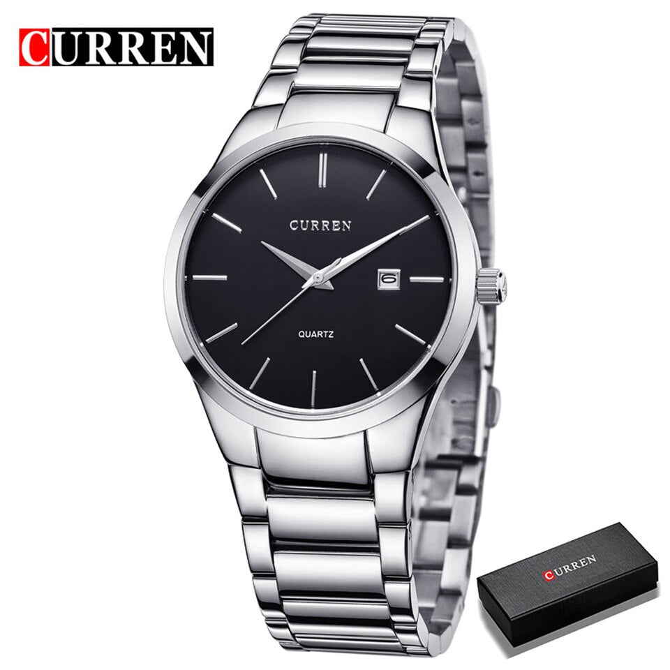 Luxury Classic Fashion Business Men Watches Display Date Quartz Watch Wristwatch Stainless Steel Male Clock Reloj Hombre silver black box