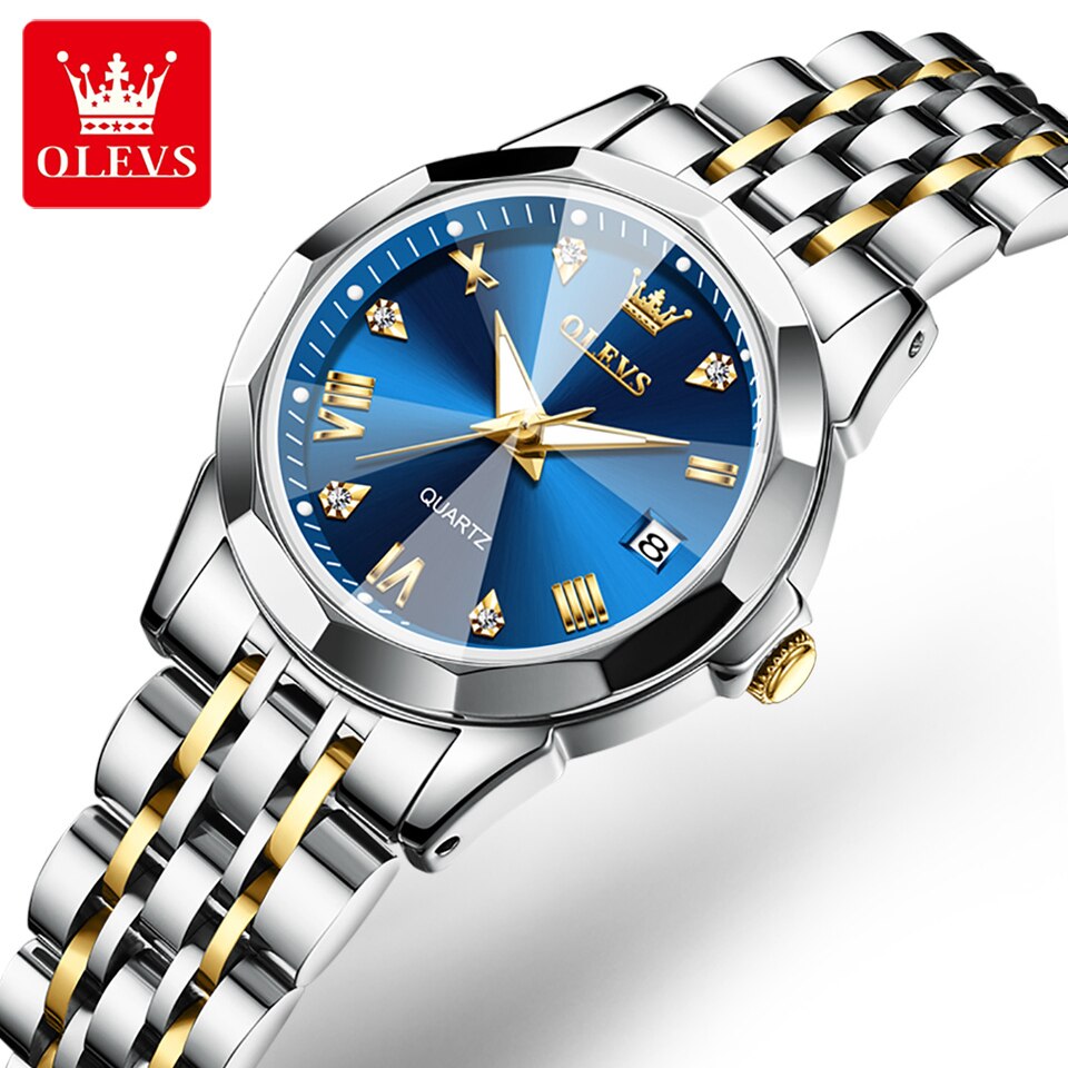 OLEVS Quartz Watch for Women Solid Stainless Steel Strap Rhombus Design Elegant Ladies Wristwatch Bracelet Necklace Gift Box Set