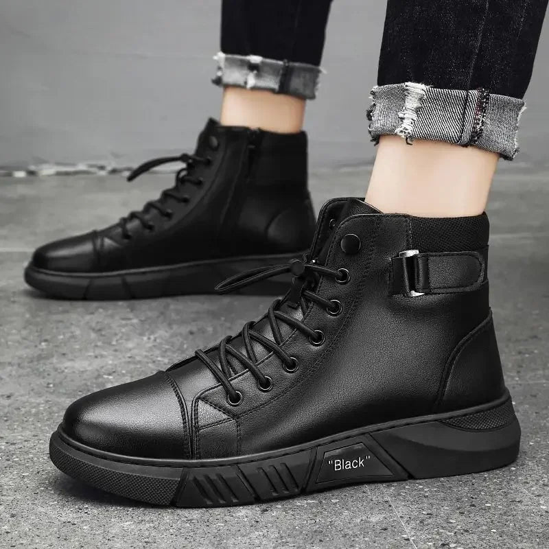 Ankle Boots Black PU Leather Men's Sports Shoes Autumn Winter Comfortable High-top Casual Fashion Platform Boots Man Round Head