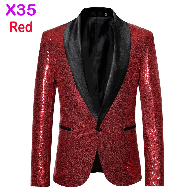 New Shiny Sequin Glitter Embellished Tuxedo Suit Jacket Men One Button Shawl Collar Blazer X35 Red, S