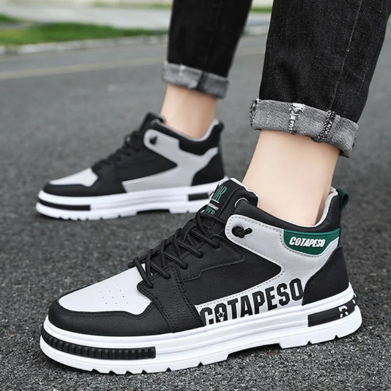 Fashion Men PU Leather Casual Shoes Spring Breathable Comforts Platform Walking Shoes Men High Top Boots Trend Skateboard Shoes