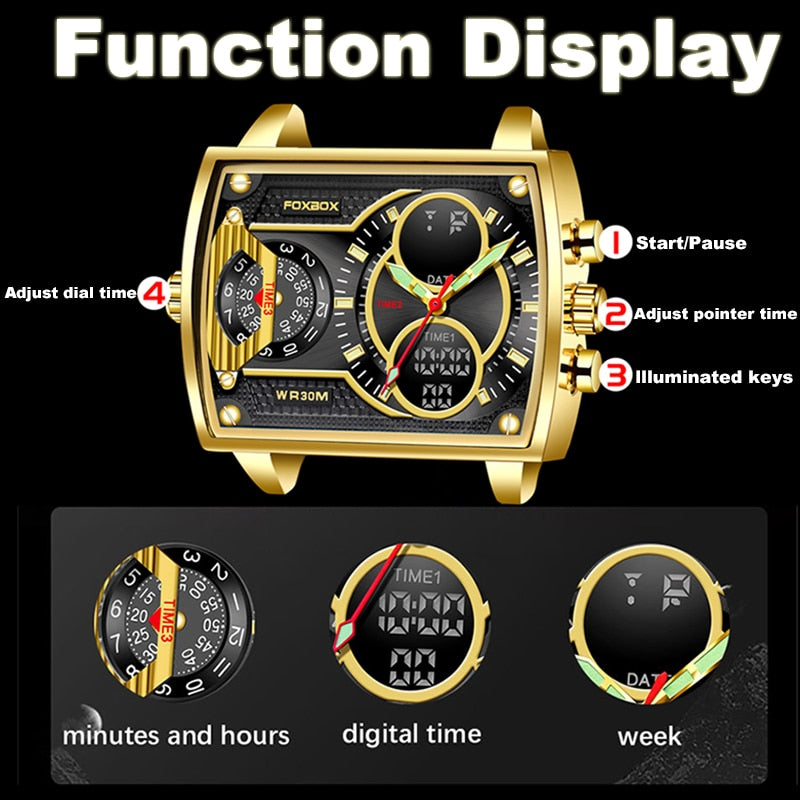 New Men Watch FOXBOX Fashion Square Watch Men Casual Sports Waterproof Double Display Watch Relogio Masculino