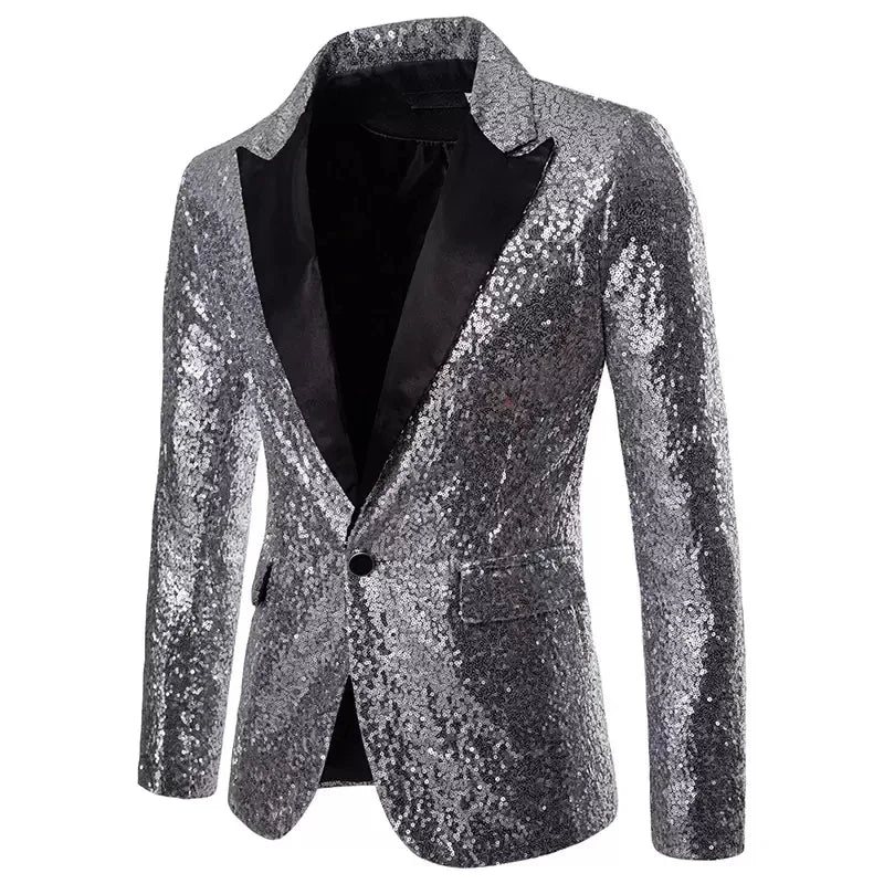 New Formal Men Shiny Blazer Sequins Party Button Dance Bling Wedding Gentleman Silver, Asian S (US XXS), CHINA