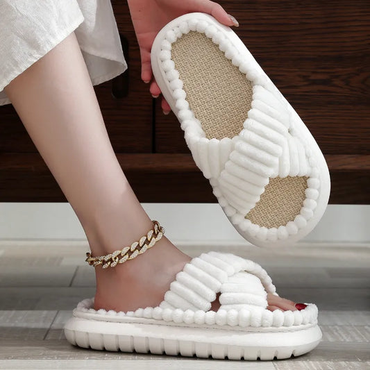 Autumn Winter New Women Home Slippers Open-Toe Cross Band Linen Soled Indoor Slides Linen Soled Non-Slip Bathroom Slippers