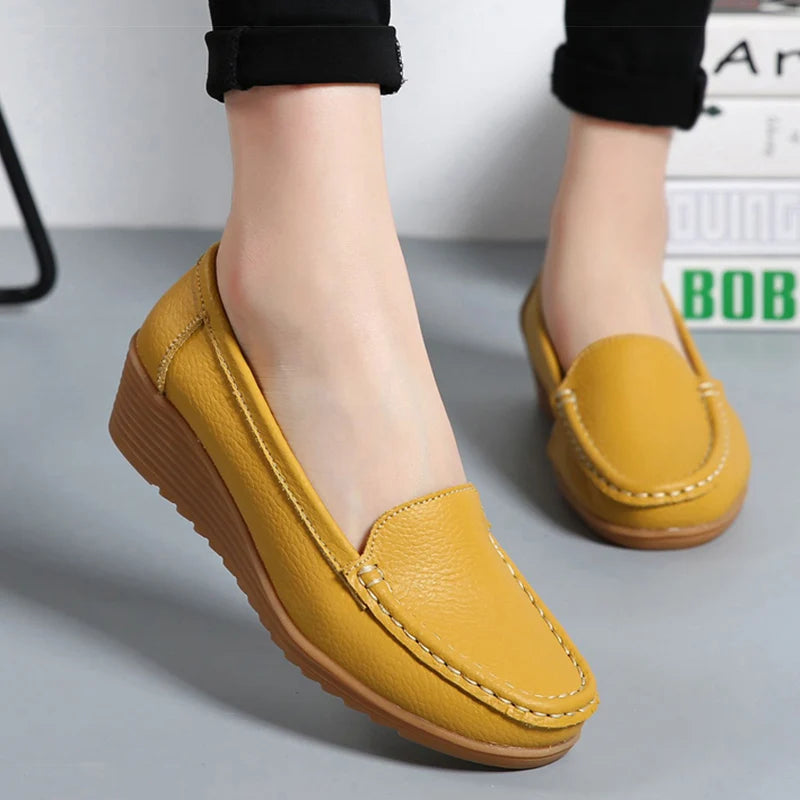 New Leather Flat Shoes Slip On Women Loafers With Wedge Heels Casual Flats Moccasins Female