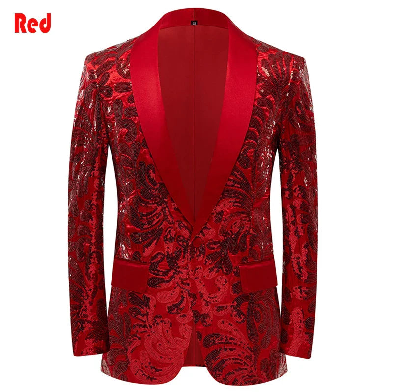 New Men Shiny Sequins Blazer Floral One Button Shawl Lapel Tuxedo Blazers Party Wedding Red, US XL