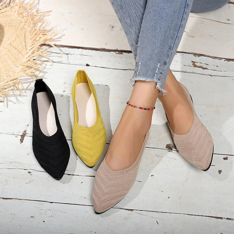 Women Pointed Toe Flat Shoes Solid Color Knitted Slip on Shoes Casual Breathable Ballet Flats Women Flat Shoes Loafers Women