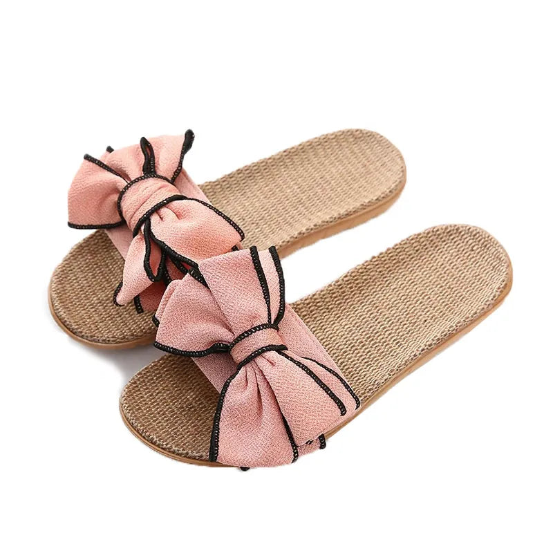 New Casual Sneakers For Home Slippers Summer Bow-knot Soft Floor Woman Indoor Flats Shoes Cute Linen Slipper Terlik