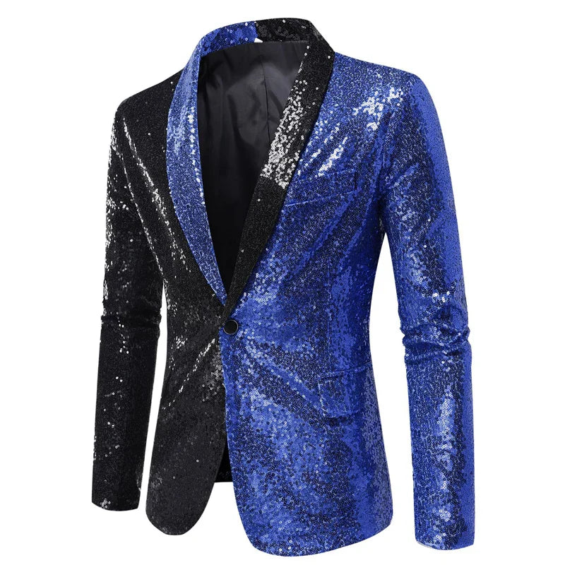 New Shiny Sequin Glitter Blazer for Men One Button Peak Collar Tuxedo Wedding Groom Party Prom Stage Costume Homme X22 Black Blue, US Size S