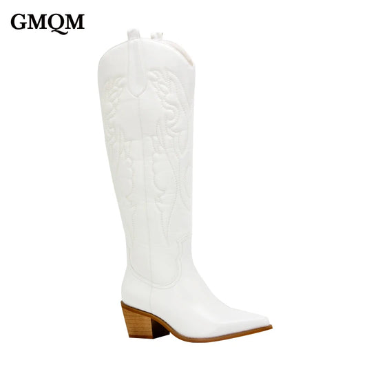 New Embroidered Western CowBoy Shoes Knee High Boots PU Chunky Heel Platform Boots Pointed Toe Punk Style