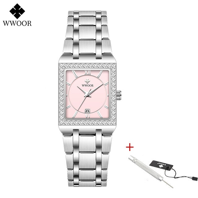 New Fashion Ladies Diamond Watch Top Brand Luxury Square Wrist Watch Simple Women Dress Small Watch Relogio Feminino Silver pink