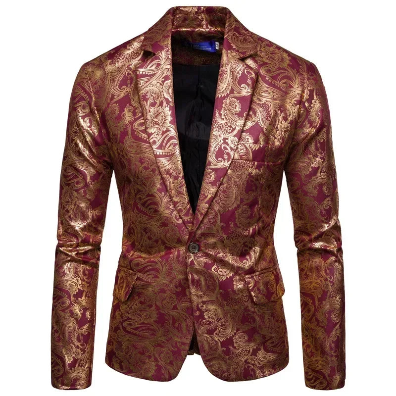 New Men Golden Floral Blazers Business Casual Wedding Dress Gold Coat Red, XXL