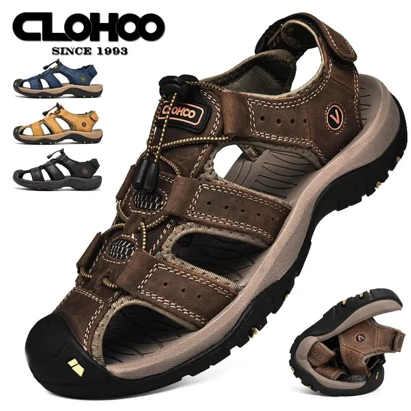 Men Genuine Leather Shoes Summer Non Slip Outdoor Water Walking Hiking Trekking Shoes Comfortable Casual Sneakers