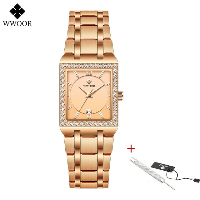 New Fashion Ladies Diamond Watch Top Brand Luxury Square Wrist Watch Simple Women Dress Small Watch Relogio Feminino Rose rose