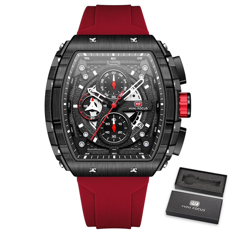 Chronograph Quartz Watches for Men Military Sport Silicone Strap Waterproof Wristwatch with Tonneau Dial Auto Date 0399Red-Box