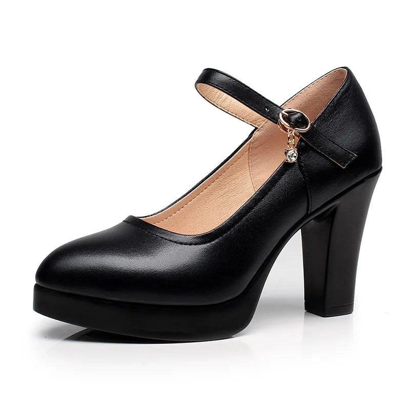 High Heels Platform Pumps Spring New Fashion Buckle Solid Black Shoes Woman PU Leather Waterproof Shoes Femme