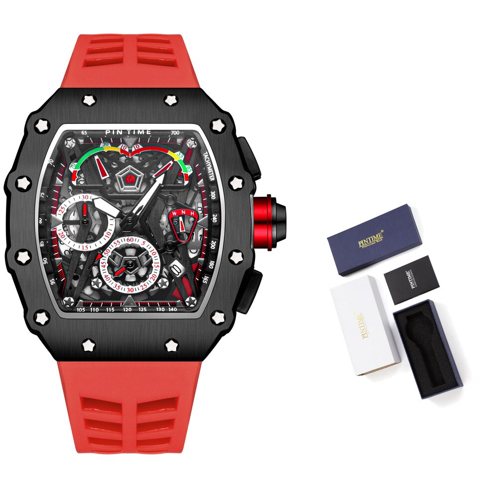 Men Fashion Sport Watch Chronograph Function Stopwatch Red Rubber Strap Auto Date Male Luxury Wristwatch 8 with box, China