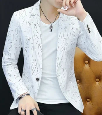 Men Casual Collar Blazers Youth Handsome Trend Slim Print Blazers WHITE, 5XL