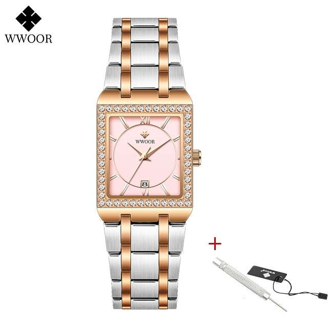 New Fashion Ladies Diamond Watch Top Brand Luxury Square Wrist Watch Simple Women Dress Small Watch Relogio Feminino Silver rose rose