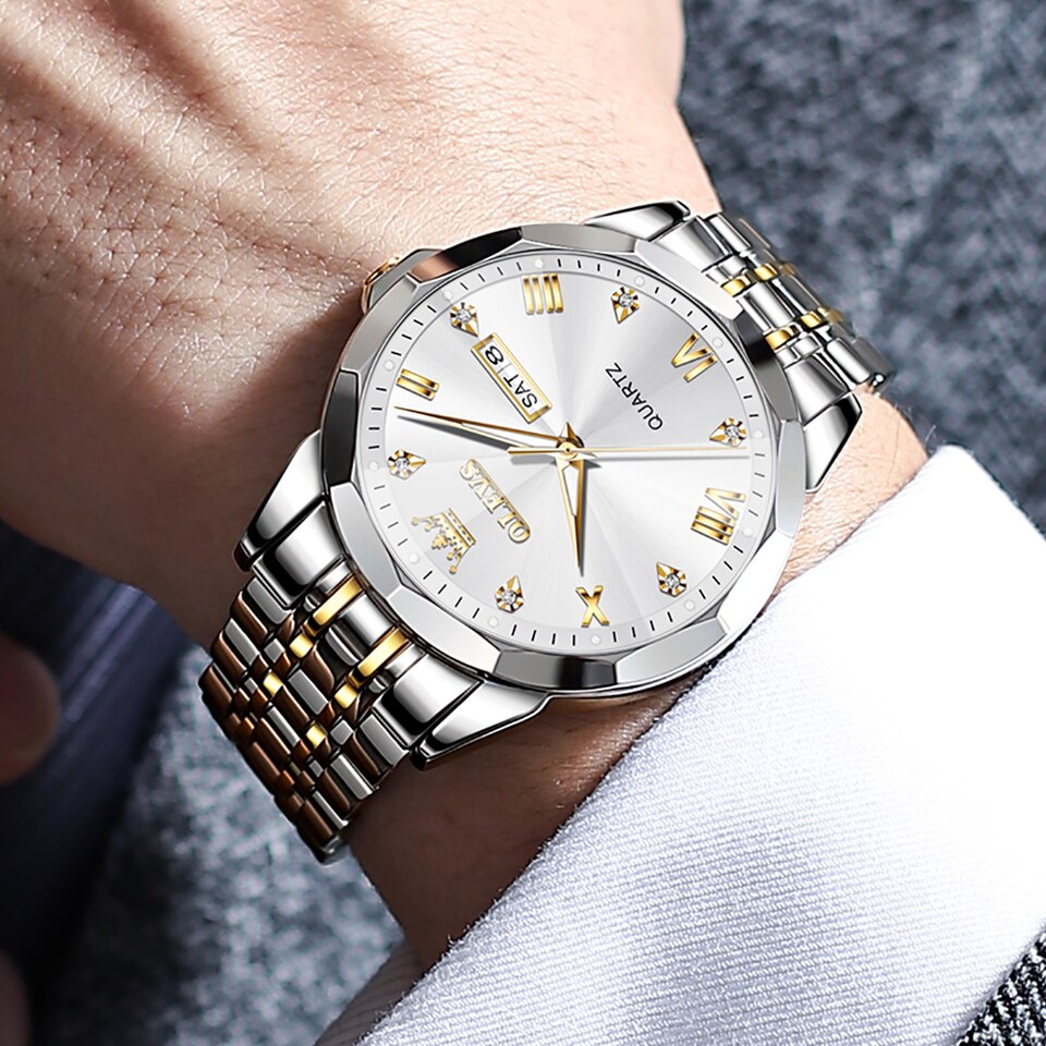 OLEVS 9931 Stainless Steel Strap Waterproof Men Wristwatch Business Dual Calendar Luxury Diamond Dial Quartz Watch for Men