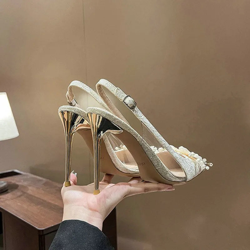 French Bride Gold Wedding Shoes Thin Heel Pointed Shallow Mouth Flower Rhinodrill High Heels Bao Head Fashion Women Sandals