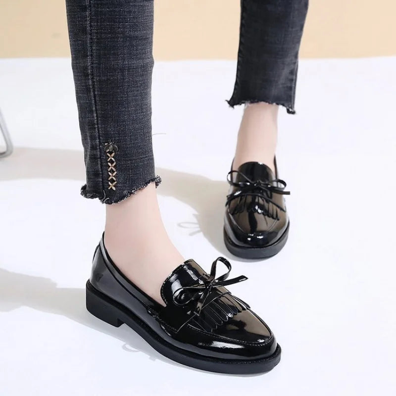 Leather Loafers Women's Black Patent Platform Slip on Shoes for Women New Spring British Tassel Casual Bowknot Flats Shoes