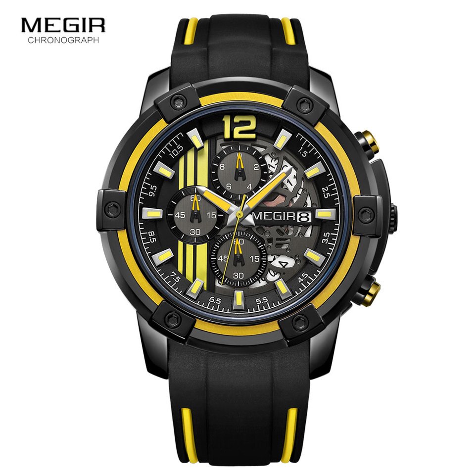 Men Sports Quartz Watch Yellow Chronograph with Black Silicone Strap Luminous Hands Waterproof 3 ATM Code 2097