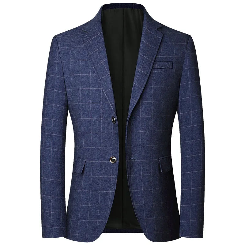 New Men Blue Plaid Business Formal Wear Spring Autumn Male Casual Slim Fit Blazers 1715 Blue, M Asia Size