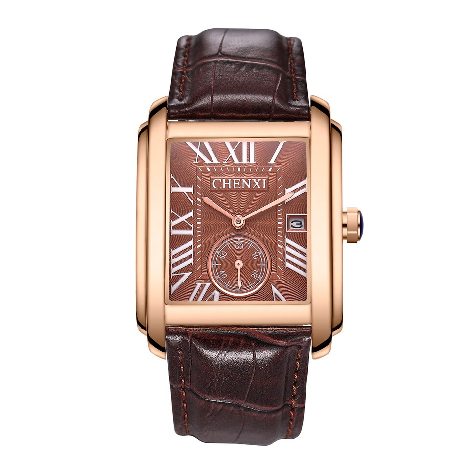 Top Luxury Brand Square Mens Wrist Watches Unique Design Rose Gold Calendar Stop Watch Genuine Leather Quartz Business Male Clock