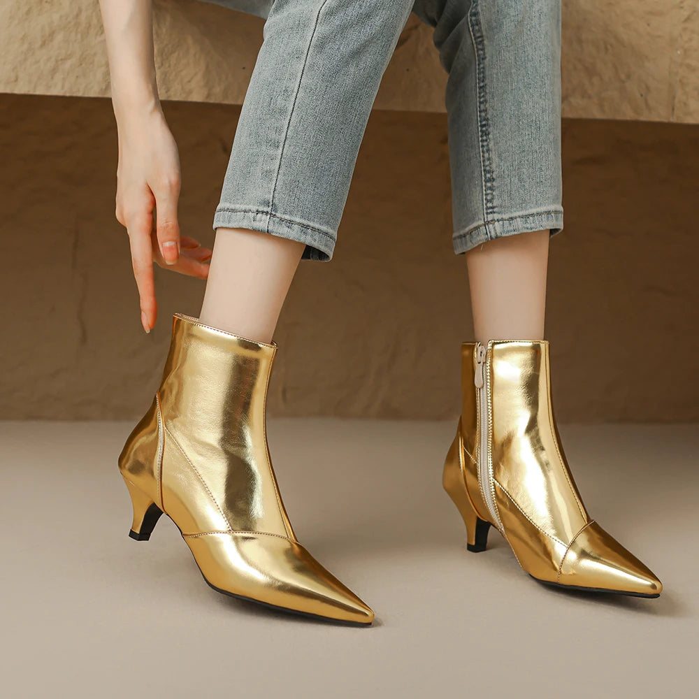 Pointed Toe Ankle Boots For Women Fashion Side Zippers Short Boots Female Slim Thin High Heels Gold Silver Shoes Booties Feminim