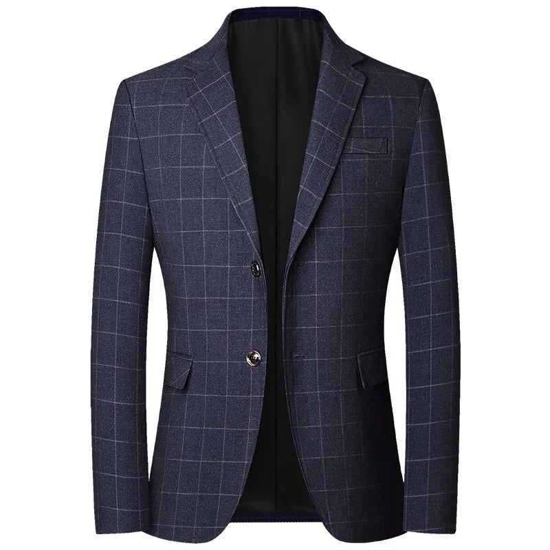 New Men Blue Plaid Business Formal Wear Spring Autumn Male Casual Slim Fit Blazers 1715 Black, M Asia Size