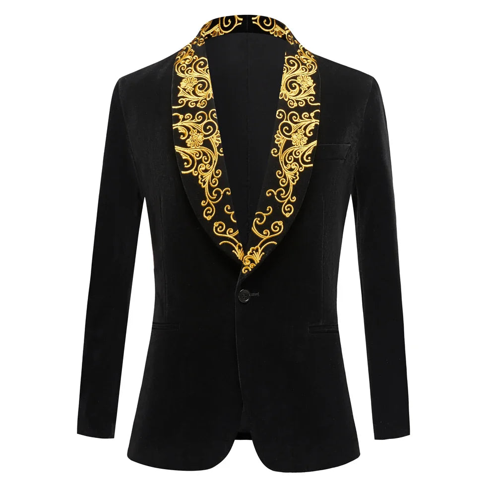 New Men Embroidered Shawl Lapel Groom Wedding Tuxedos Prom Blazers Slim Fit black, EU Size S