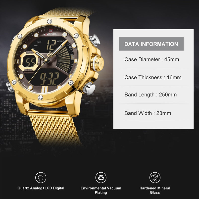 Original Watches For Men Luxury Brand Quartz Dual Display Military Sports Wrist Watch Mesh Steel Band Waterproof Clock