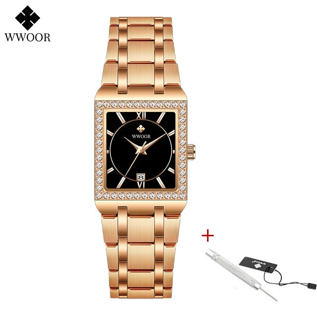 New Fashion Ladies Diamond Watch Top Brand Luxury Square Wrist Watch Simple Women Dress Small Watch Relogio Feminino Rose black