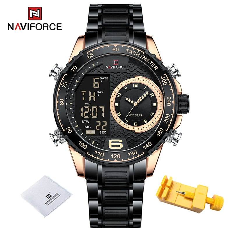 NAVIFORCE Luxury Brand New Watch for Men Stainless Steel Dual Display Quartz Wrist Watches Waterproof Military Sports Male Clock