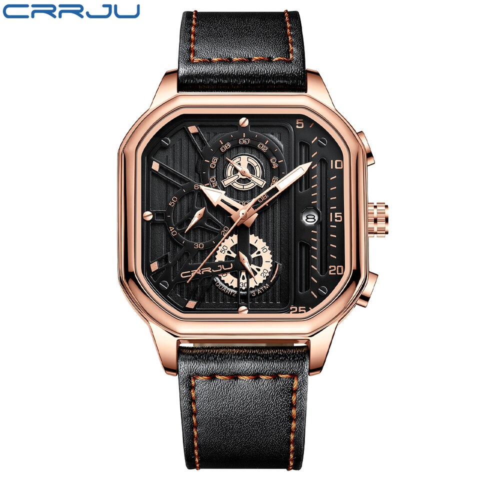 Square Dial Leather Mens Watches Luxury Sport Waterproof Watch Man Chronograph Quartz WristWatches Homme+Box RGB