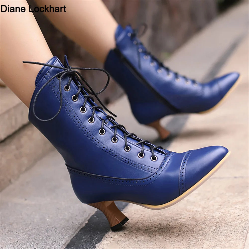 New Lace Up Ladies High Heel Shoes Strange Steampunk Boot Victorian Ankle Boots Women Pointed Toe Thick Soled Short Boots