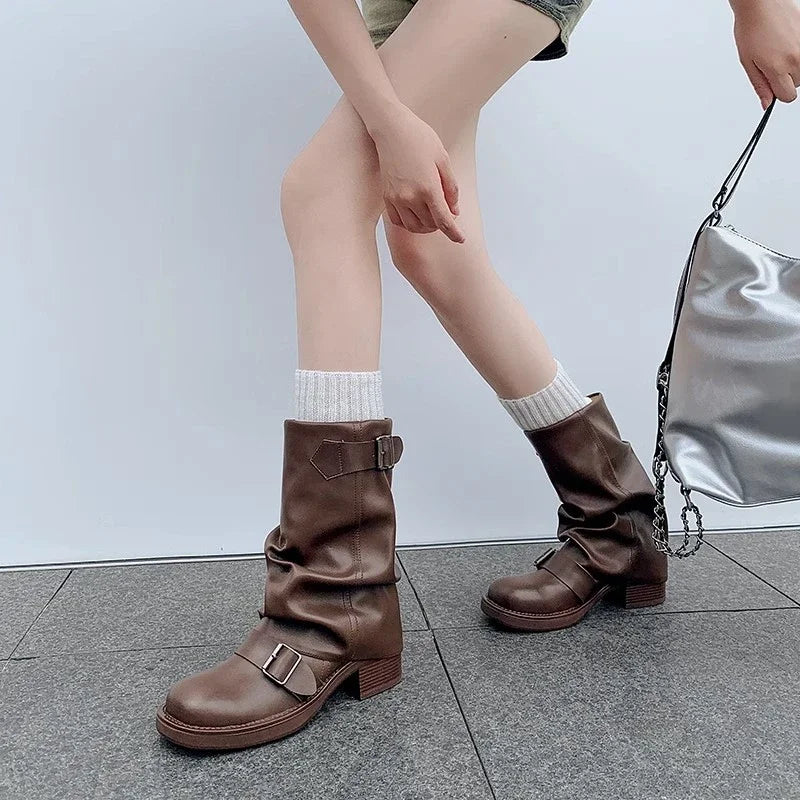 Autumn Winter Thick High Heels Women Mid Calf Boots Gothic Calves Motorcycles Boots Buckle Comfy Walking Boots