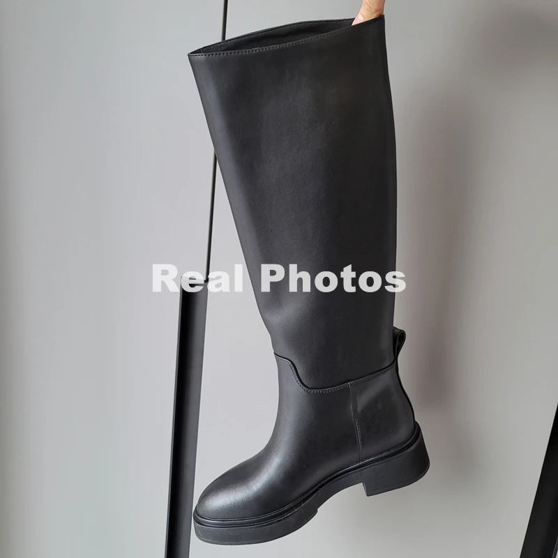 Genuine Leather Knee High Boots For Women Thick Heeled Autumn Winter Warm Shoes Woman High Motorcycle Boots